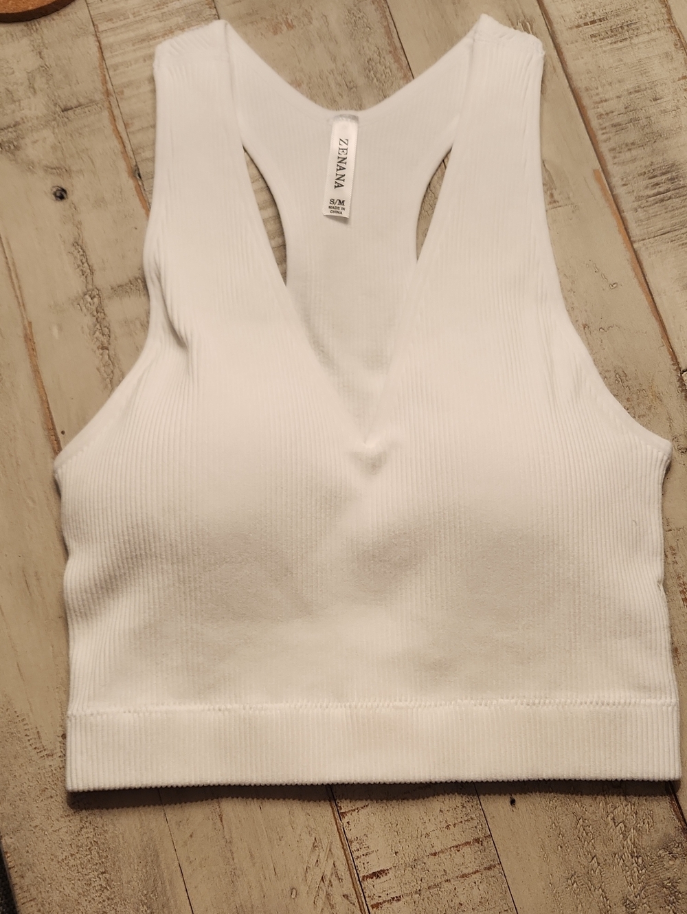 Zenana Outfitters White Ribbed V-Neck Racerback Brami/Bralette Stretchy Tank - Picture 4 of 5